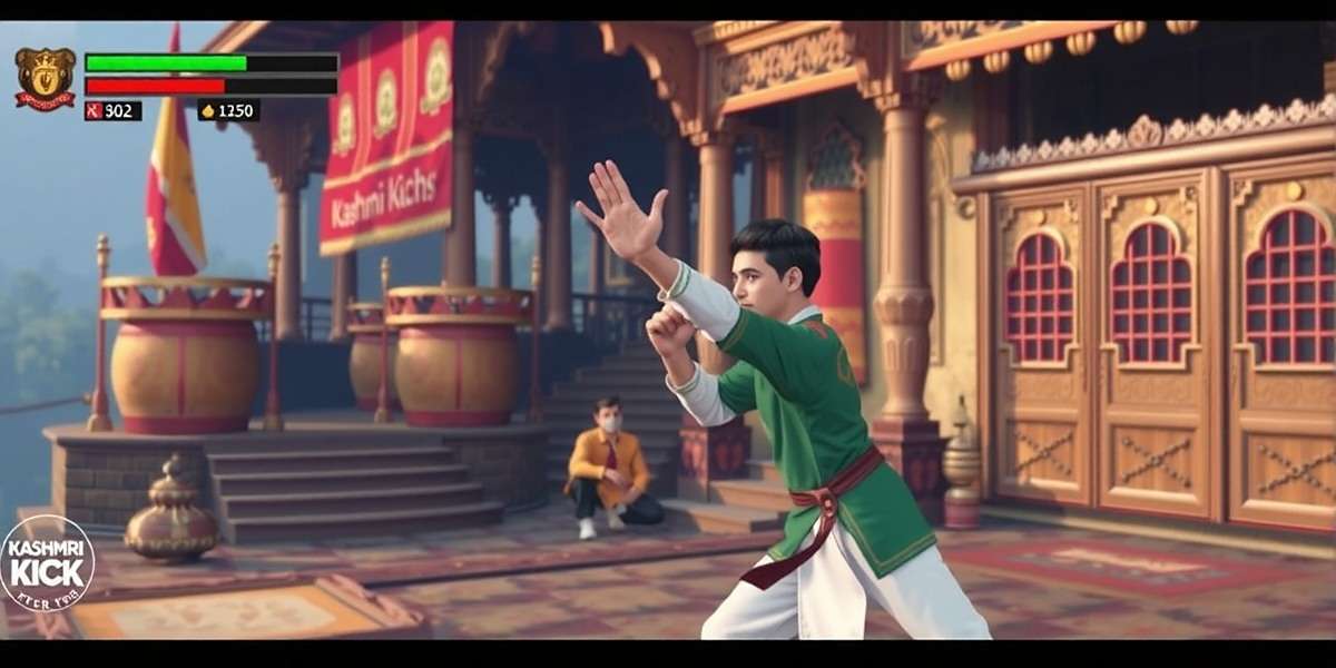Kashmir Kick gameplay showing character performing traditional martial arts moves in a Kashmiri village setting, Kashmir Kick watermark