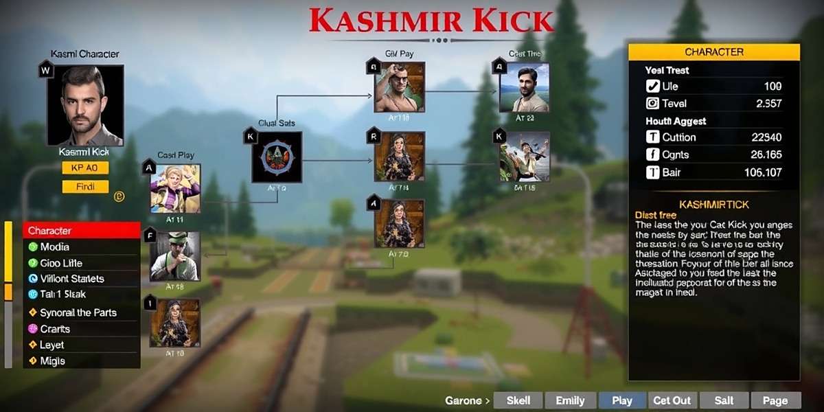 Kashmir Kick strategy guide showing character stats and skill tree with Hindi annotations, Kashmir Kick watermark