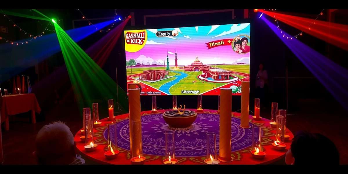 Kashmir Kick Diwali event showing game world decorated with diyas and rangoli, Kashmir Kick watermark
